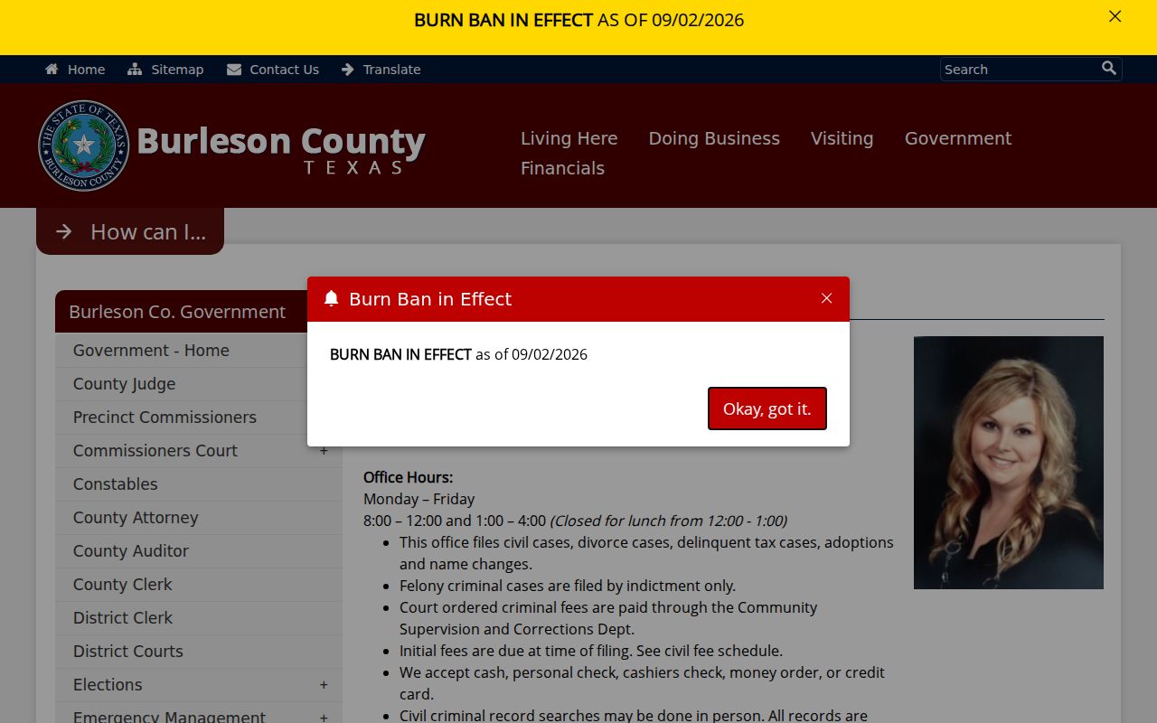 Burleson County District Clerk public court record access and contact page