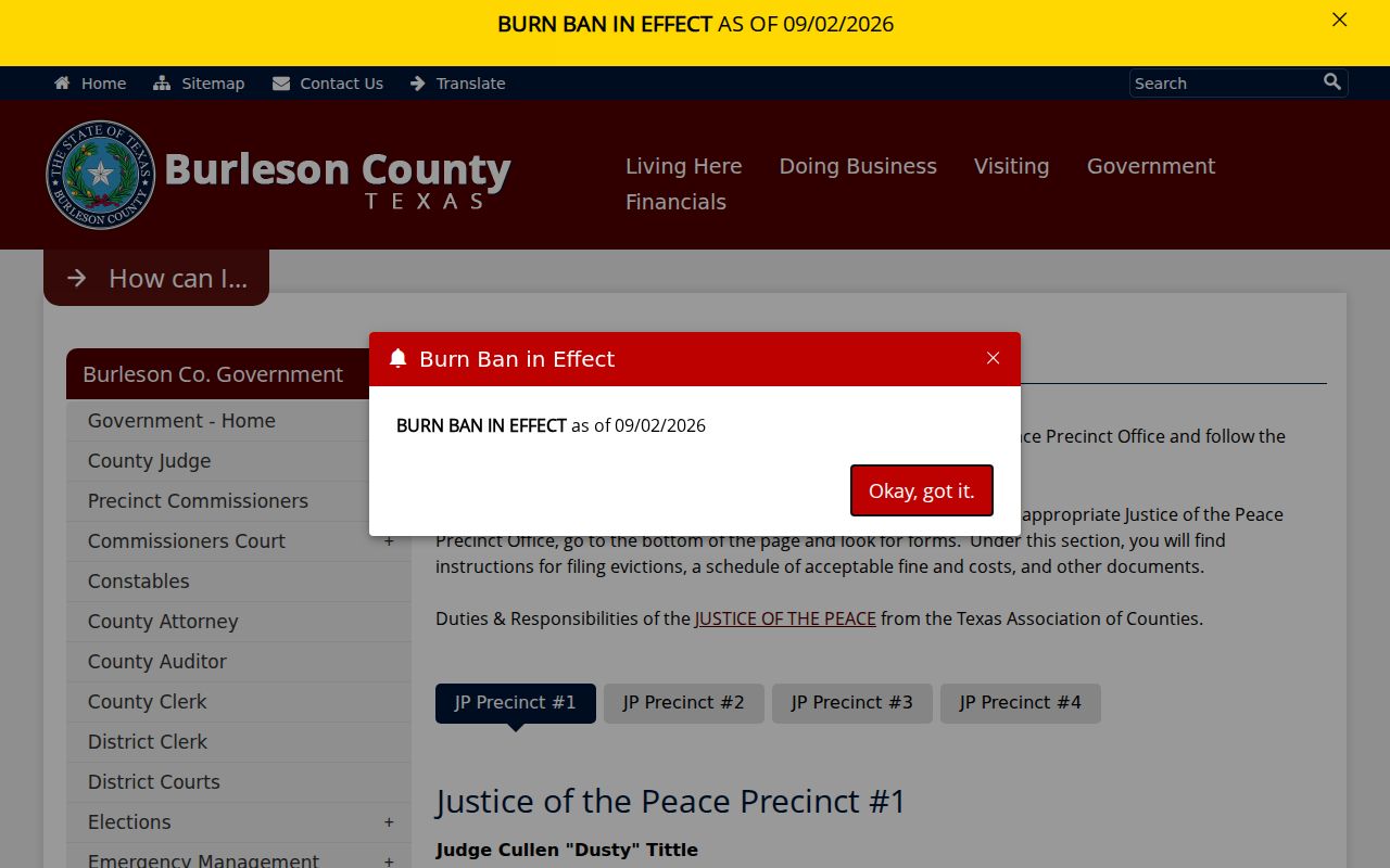 Burleson County Justice of the Peace precinct selector and contacts