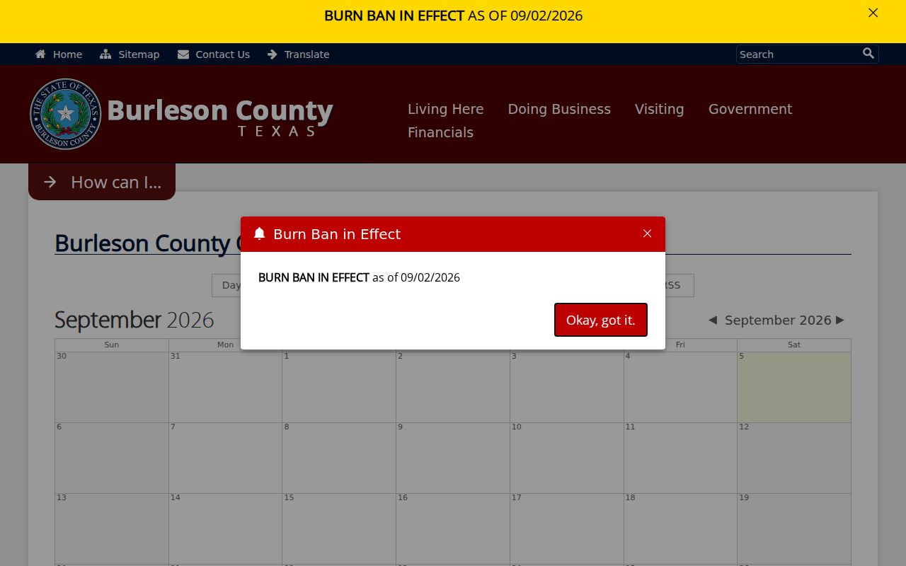 Burleson County court schedule calendar categories and controls