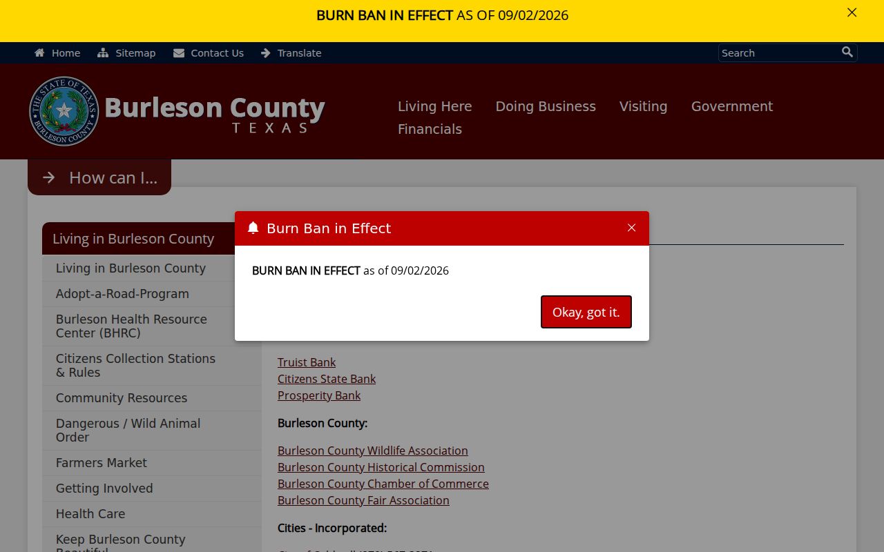 Burleson County court schedule official city list