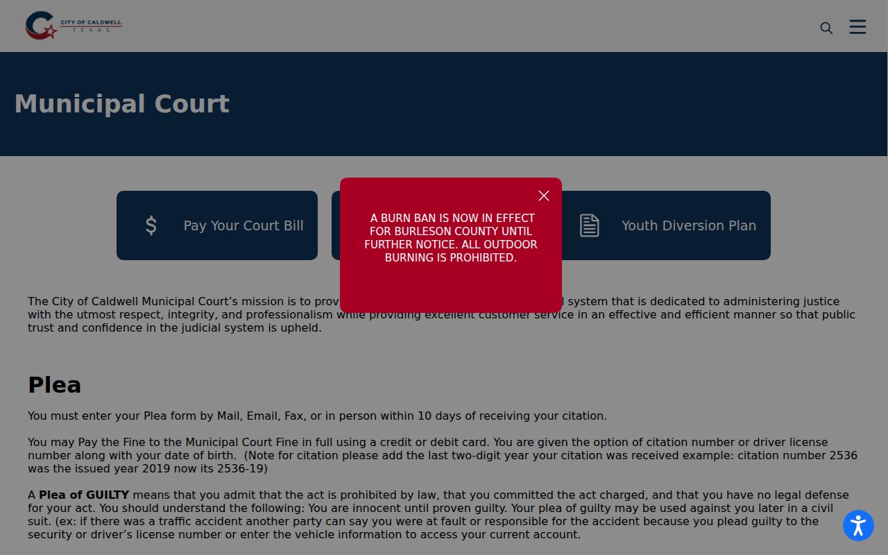 Caldwell Municipal Court hearing venue and compliance instructions