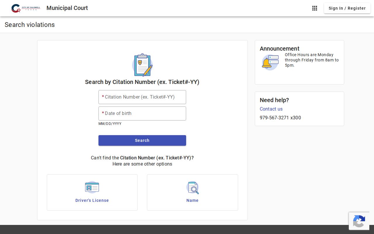Caldwell Municipal Court six traffic citation search methods