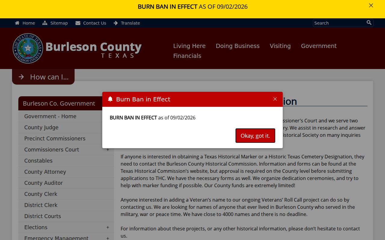Burleson County civil court docket historical commission context