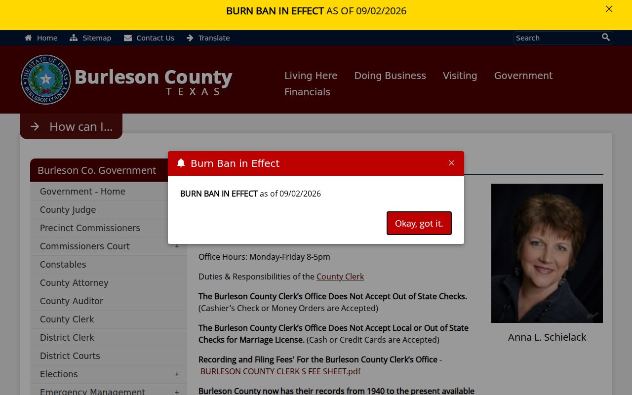 Burleson County court docket research from the County Clerk page