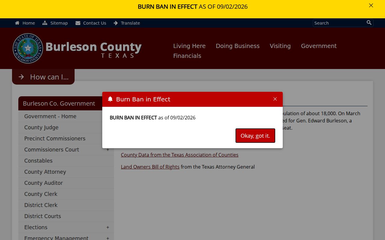 Burleson County court docket history and county seat source