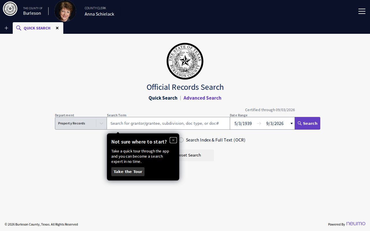 Burleson County court docket research showing the official records quick search